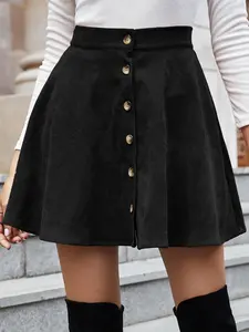 Women's Plain Button Front Flared Fitted Corduroy Skirt, Casual High Waist Short Skirt for Daily Wear, Ladies Bottoms for All Seasons, Womenswear