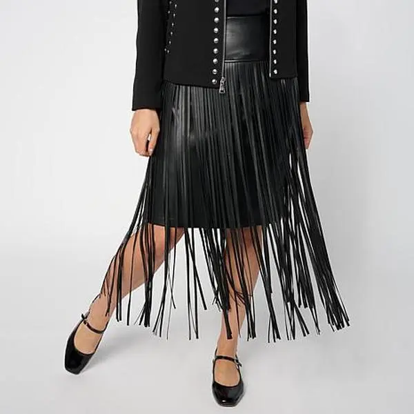 Colleen Lopez Faux Leather Midi Skirt with Fringe