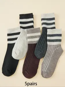 5 pairs of Maillard style retro striped mid tube socks, casual and comfortable, versatile socks suitable for women's sports attendance, couple socks