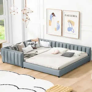 Queen Size Upholstered Bed Frame, Grounded Queen Bed with Twin XL Bed, Extra Large Mother & Child Beds with Headboard and Footboard, Faux Leather Floor Beds for Bedroom, Grey