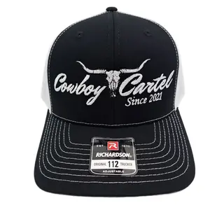 Cowboy Cartel Flat Bill Trucker Mesh Snapback Cap Hat - Black & White Embroidered, Adjustable Fit, Breathable Mesh, Stylish Sun Protection