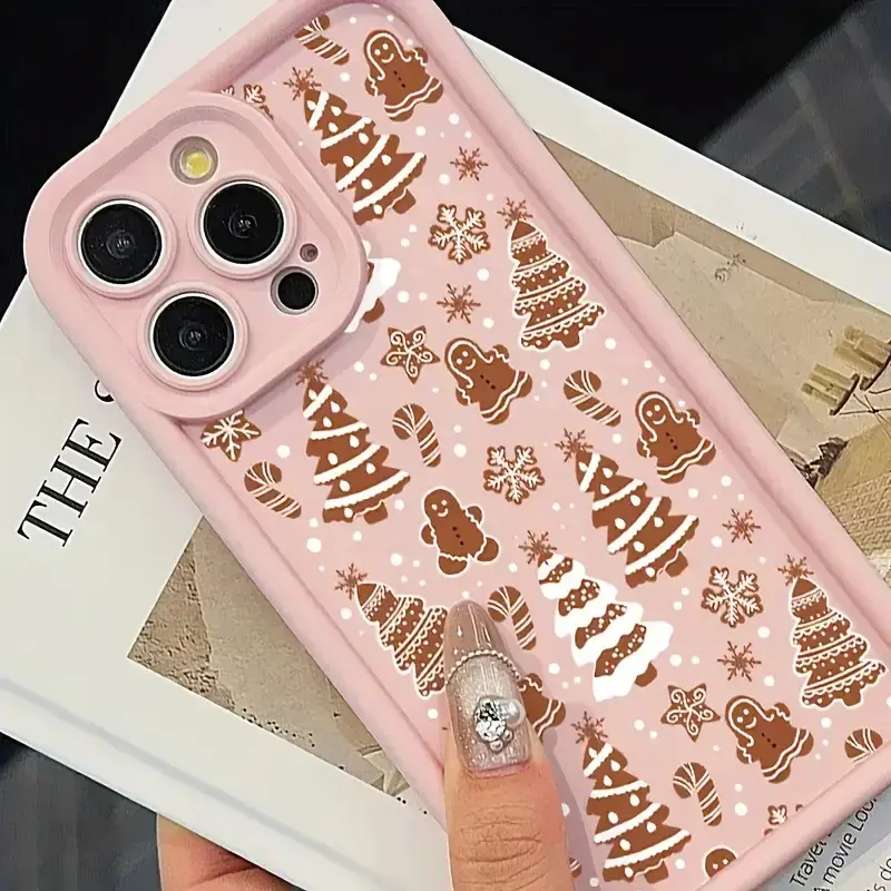 Christmas-Themed TPU Silicone Phone Case, Shockproof Edge Protective Soft Touch Cover with Lens Guard, Precision Fit Durable Smartphone Accessory for iPhone 17 Pro Max,16,16e,15,14 Plus,13,12 Mini,11,Air,XR,X,XS - Pink Gift