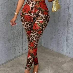 Women's Fashion Leggings - Red and Black Leopard Print, Comfortable Fit, Versatile Style for Everyday Wear - Womenswear, Bottom