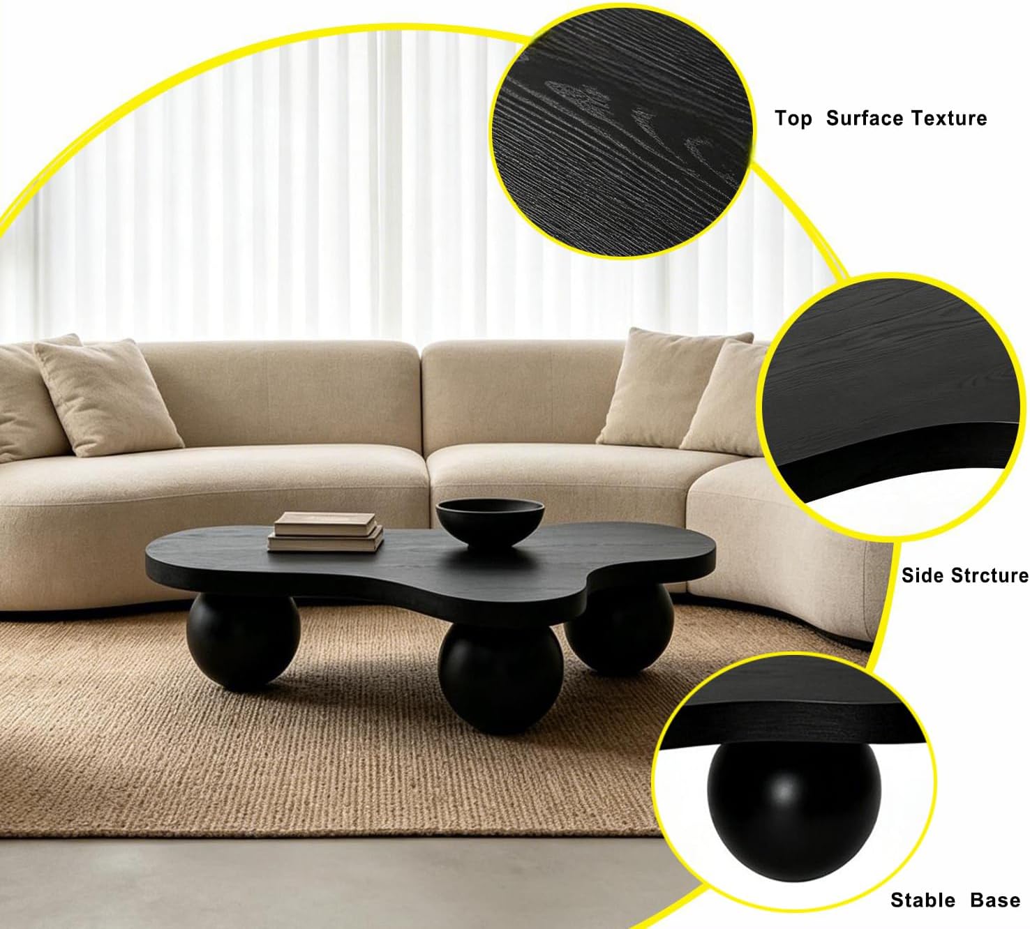 46" Cloud Shaped Coffee Table with 3 Ball Legs, Modern Irregular Center Table with Water Ripple Ash Veneer Top, Artistic Wood Coffee Table for Living Room Apartment, Black