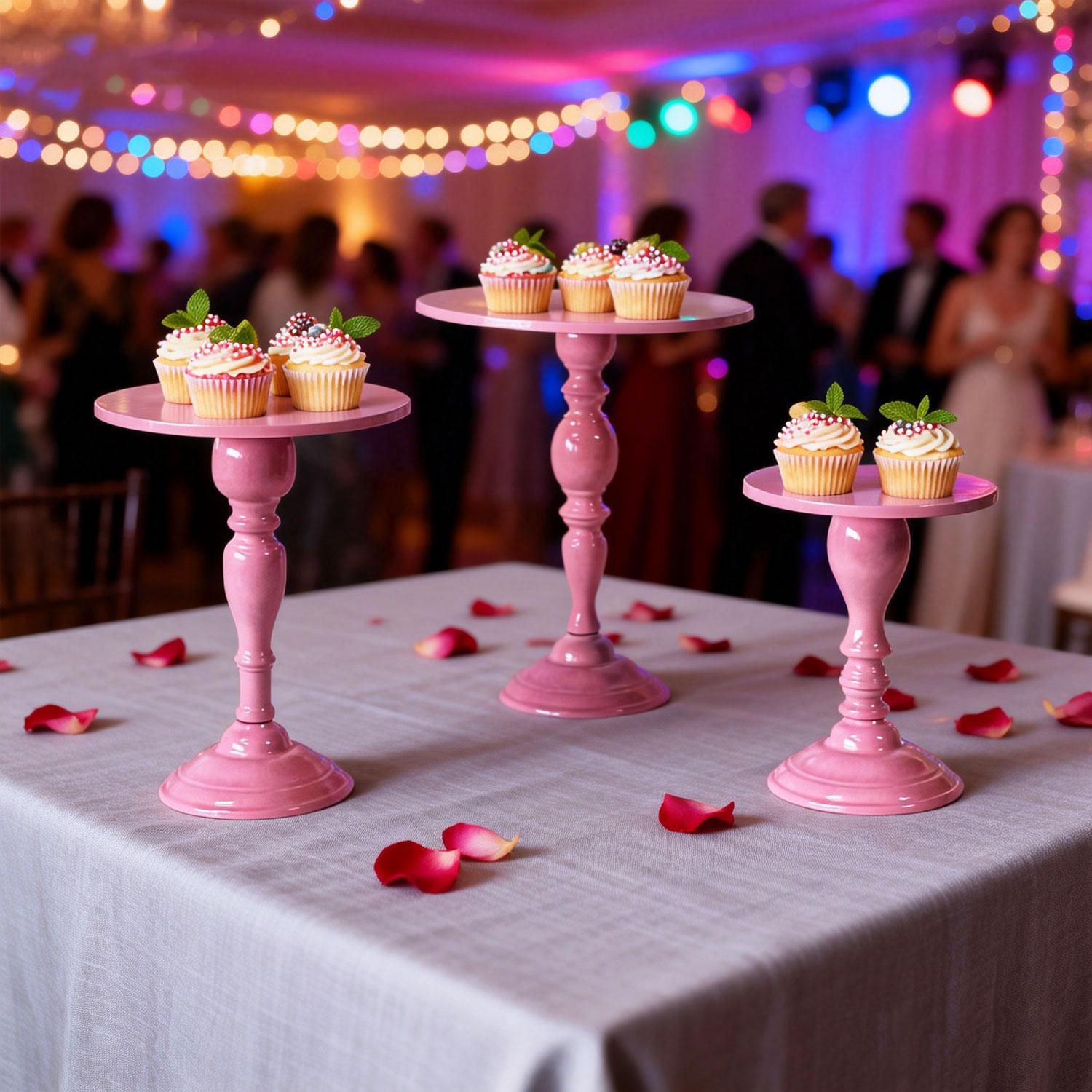 The appearance of the dessert table at the party features a 3-piece set of metal circular cake stands, arranged separately to fill the entire table. The wedding afternoon tea on the day of the wedding is absolutely stunning.  AI·