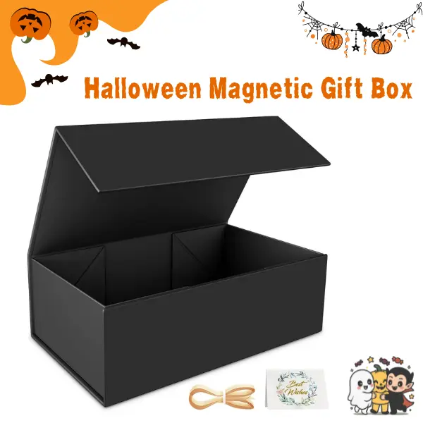 Halloween Magnetic Gift Box with Lid, Luxury Black Collapsible Gift Box for Halloween Treats, Party Favors, Boo Baskets & Spooky Gift Packaging