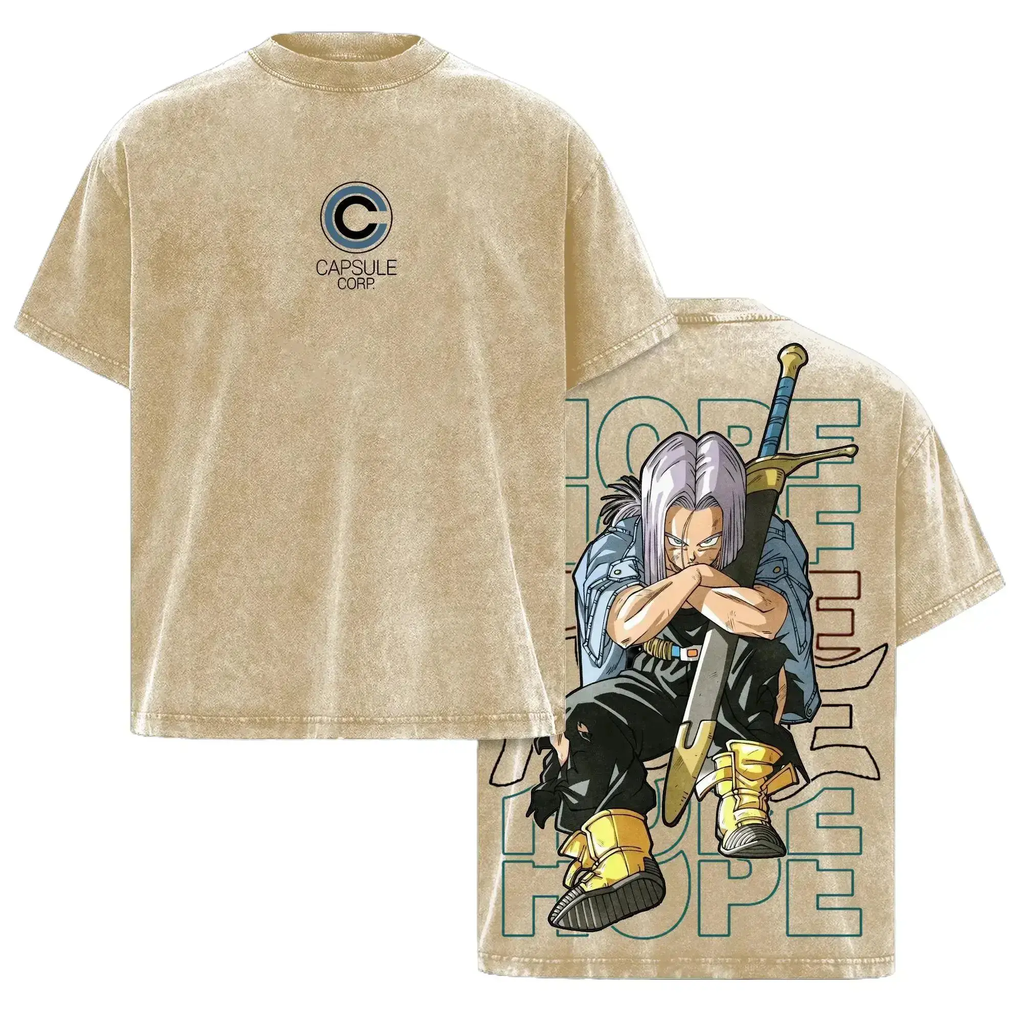 Future Trunks Vintage Washed Graphic Tee Unisex DBZ Capsule Corp Streetwear Anime T Shirt Saiyan Warrior Apparel Gift for Dragon Ball Fans Oversized Acid Wash Cotton Y2K Clothing Trendy Japanese Manga Merch For Men Women