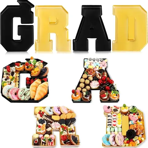 Graduation Charcuterie Board Fillable GRAD Trays 4 Pcs 13.7" Disposable Plastic Letter Shaped Boxes for Chocolate Candy Cookie Snacks Cupcakes Container Decor Photo Props Table Centerpiece Ideas Class of 2026 High School College Grad Party Supplies Gifts