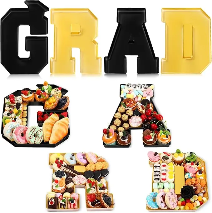 Graduation Charcuterie Board Fillable GRAD Trays 4 Pcs 13.7" Disposable Plastic Letter Shaped Boxes for Chocolate Candy Cookie Snacks Cupcakes Container Decor Photo Props Table Centerpiece Ideas Class of 2026 High School College Grad Party Supplies Gifts