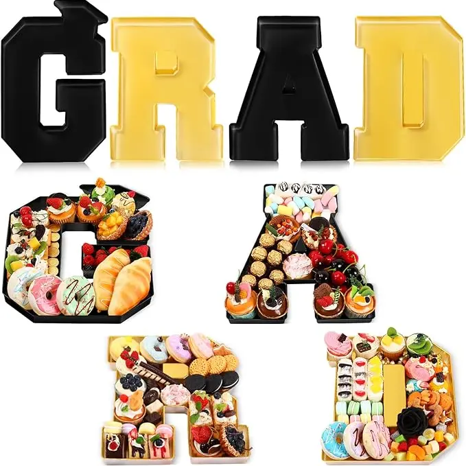 Graduation Charcuterie Board Fillable GRAD Trays 4 Pcs 13.7" Disposable Plastic Letter Shaped Boxes for Chocolate Candy Cookie Snacks Cupcakes Container Decor Photo Props Table Centerpiece Ideas Class of 2026 High School College Grad Party Supplies Gifts