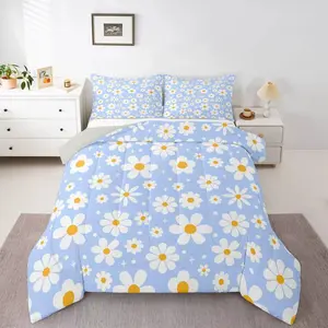 Light Blue Daisy Quilt Set, 3-Piece (quilt, 2 Pillowcases), Fresh Daisy Print, Filled Warm Soft Fabric, Bedroom Cozy Atmosphere Bedding