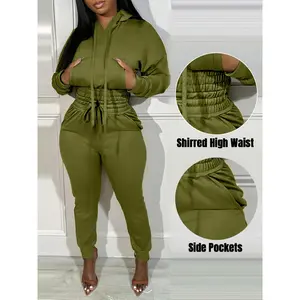 2 Piece Outfits Lounge Hoodie Shirred Waist Pocket Design Sweatshirt Cuffed Jogger Sweatpants Tracksuit