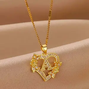 Hollow out heart and flower necklace with 26 English letters, a fashionable clavicle chain.