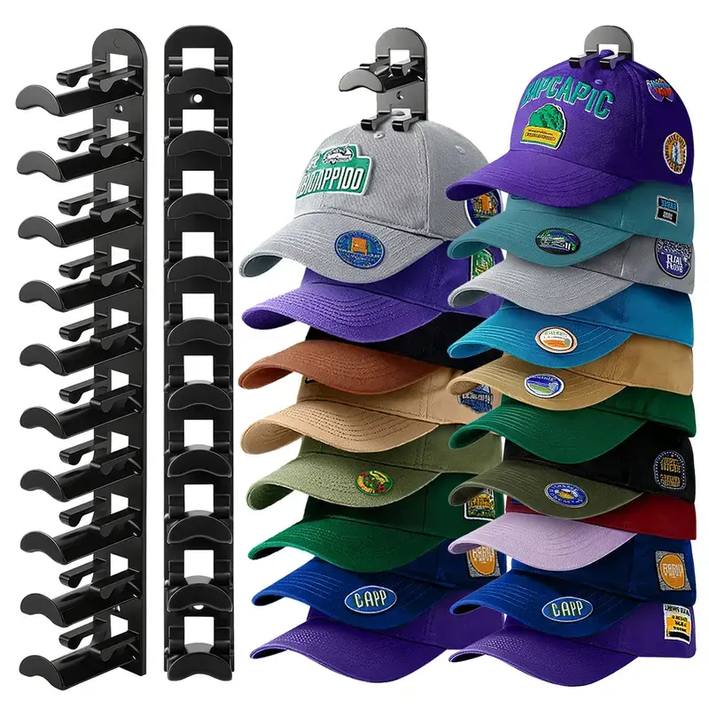 2-Pack Wall-Mounted Baseball Cap Organizer, 20-Hat Capacity Black Hat Hook Rack, Strong Adhesive & Screw-Mounted Hanger, Easy-Access Display for Bedroom & Closet