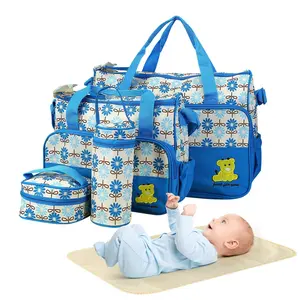 Diaper Bag Tote Set 5PCS for Mom Dad Large Maternity Travel Bag with Insulated Bottle Holder Food Bag Portable Changing Pad Waterproof Baby Essentials Organizer Blue