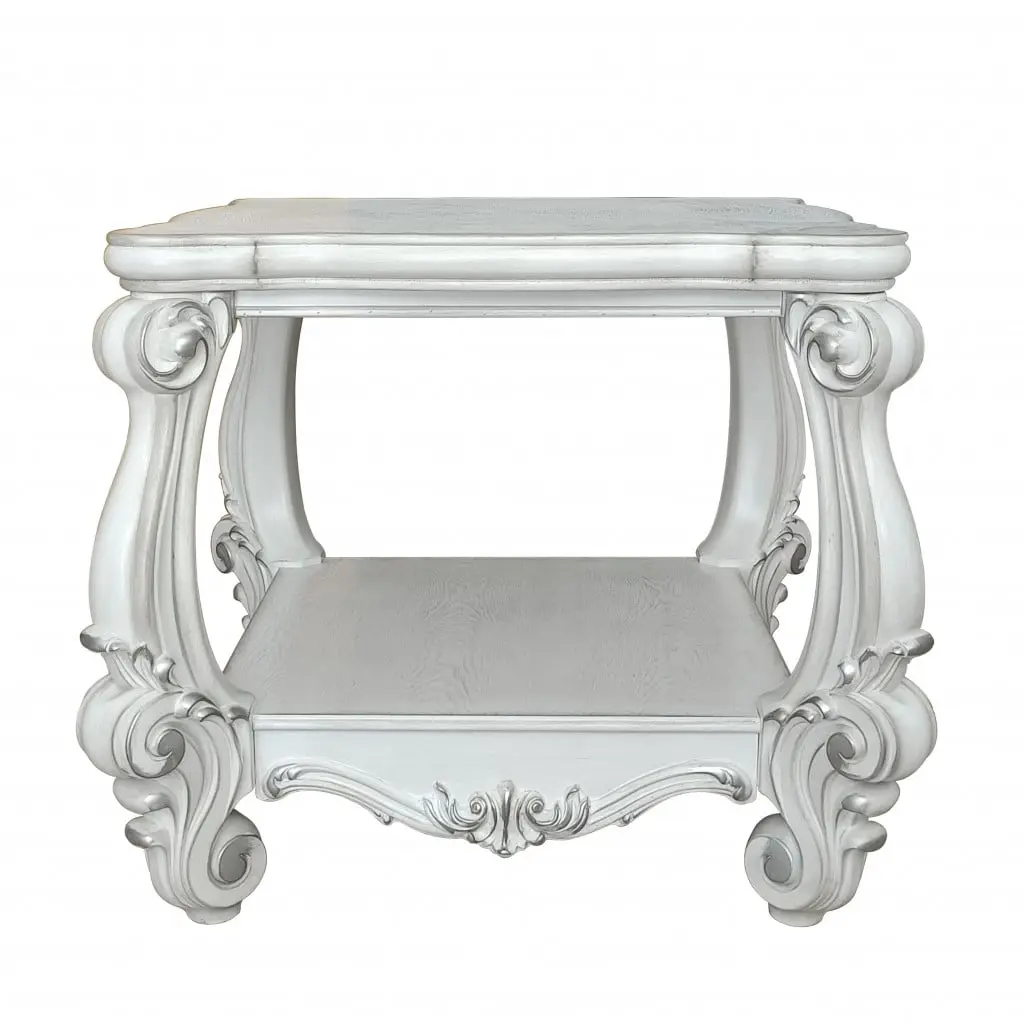 HomeRoots 485838 26 in. Antiqued White Manufactured Wood Square Scroll Antique End Table with Shelf, Antique End Tables