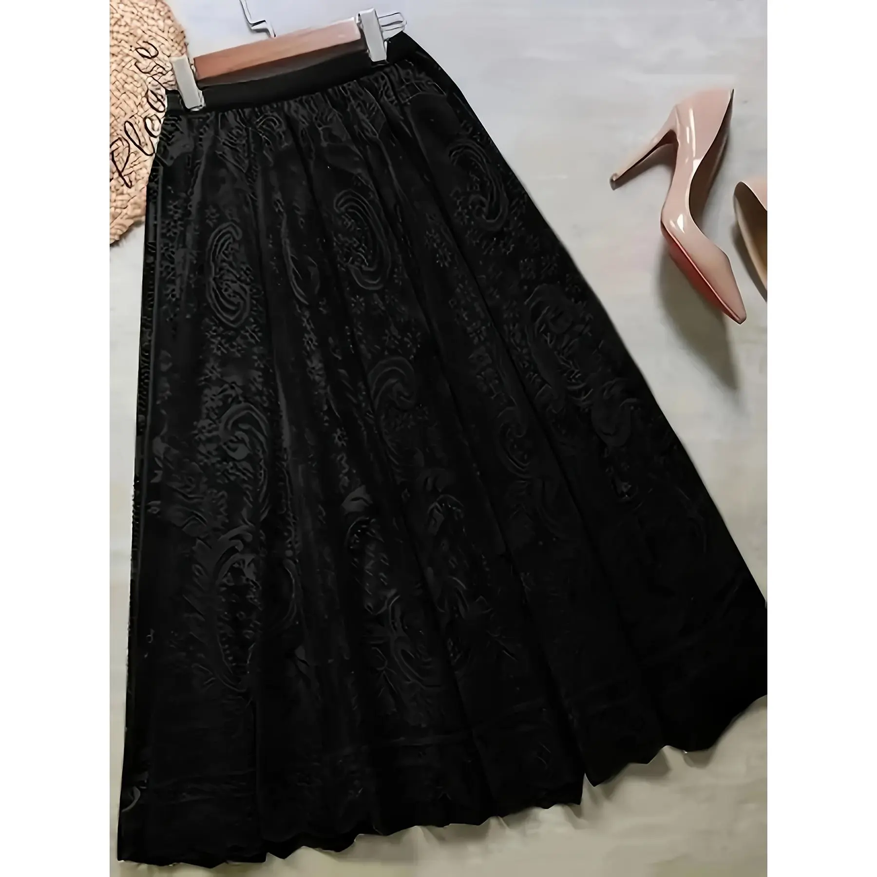 Women's Elegant Flared Skirt - Plus Size Solid Polyester Knit Fabric Bottoms, Women's Clothes for Spring & Summer, Side Zipper, Machine Wash-No Wrinkles, Plain, 2Xl, Knitting