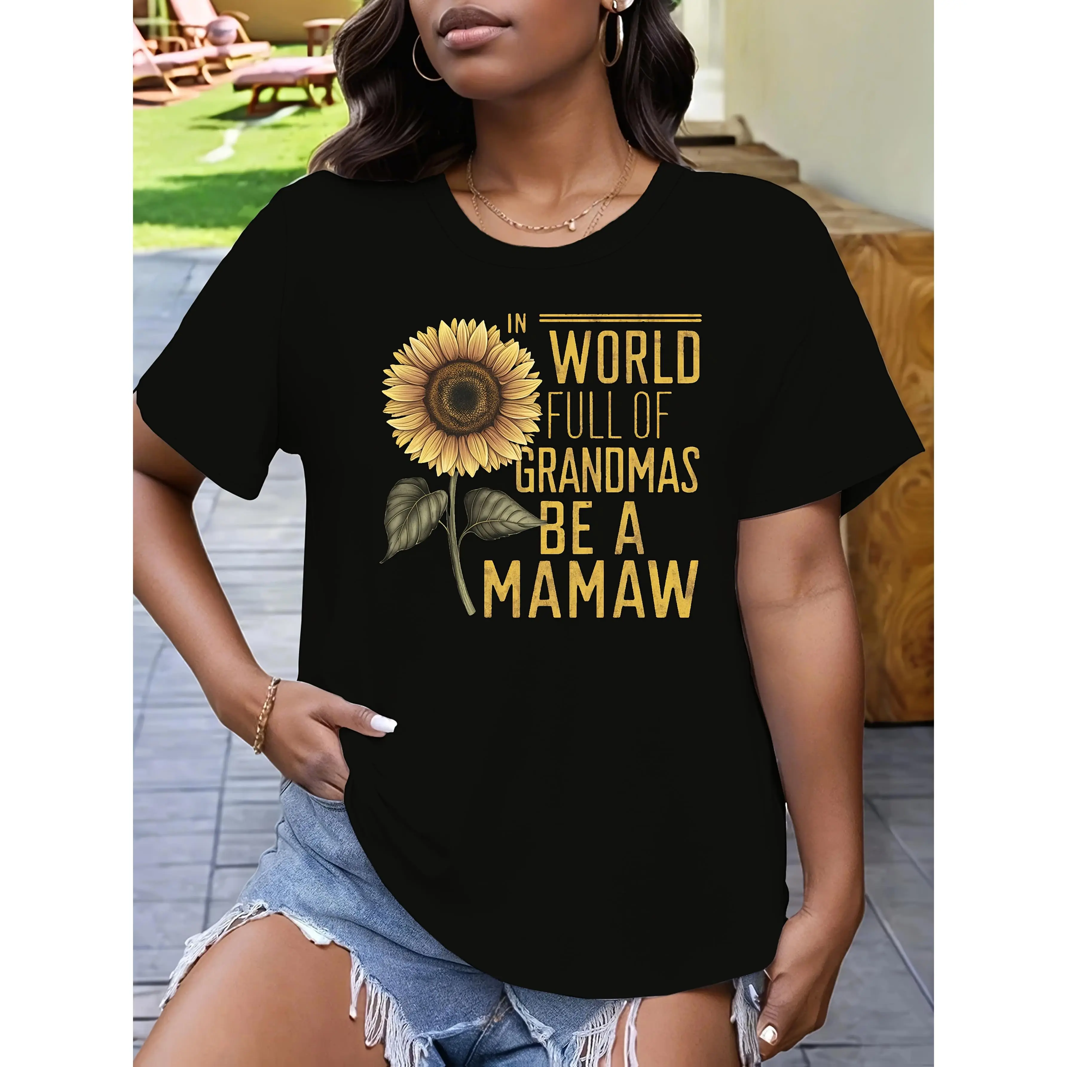 MAMAW Plus Size Sunflower T-Shirt for Women - "In World Full of Grandmas Be a Mamaw" Graphic, Casual Short Sleeve, Round Neck, 100% Polyester, Machine Washable, Black with Yellow & White Lettering