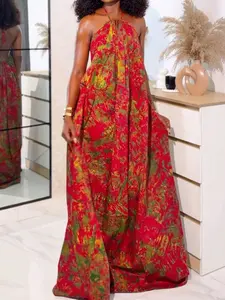 Sexy Tropical Print Dress for Music Festivals, Beach Vacation, Holiday, Casual Wear, Casual Style, Backless, Halter Neck Tie Back Design, All over Print