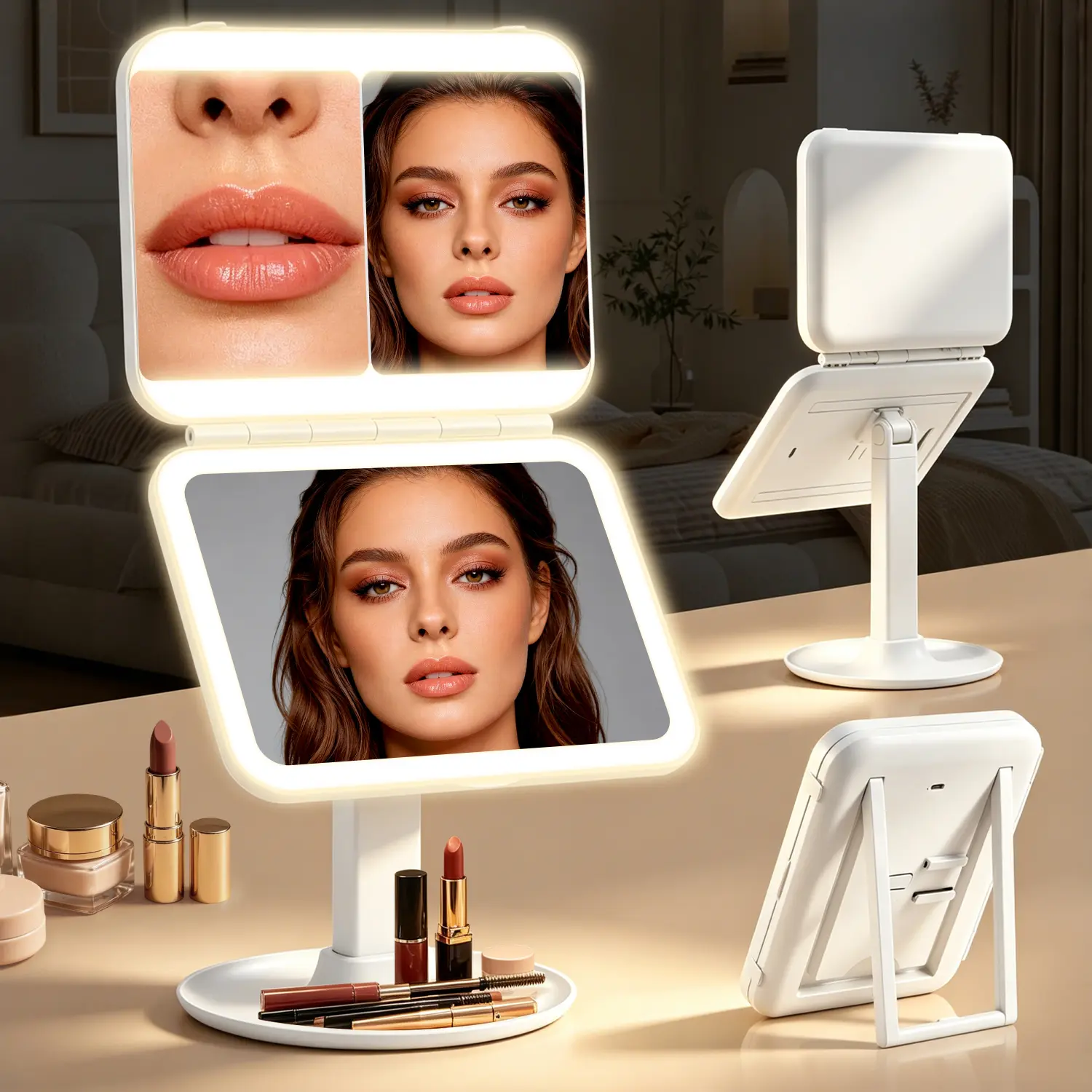 sohochic White Rechargeable Lighted Makeup Mirror - Smooth Glass Standing Portable Plastic Detachable Trifold Vanity Mirror with 3-Color LEDs, 40X/10X/1X Magnification, Ideal for Travel & Gifting