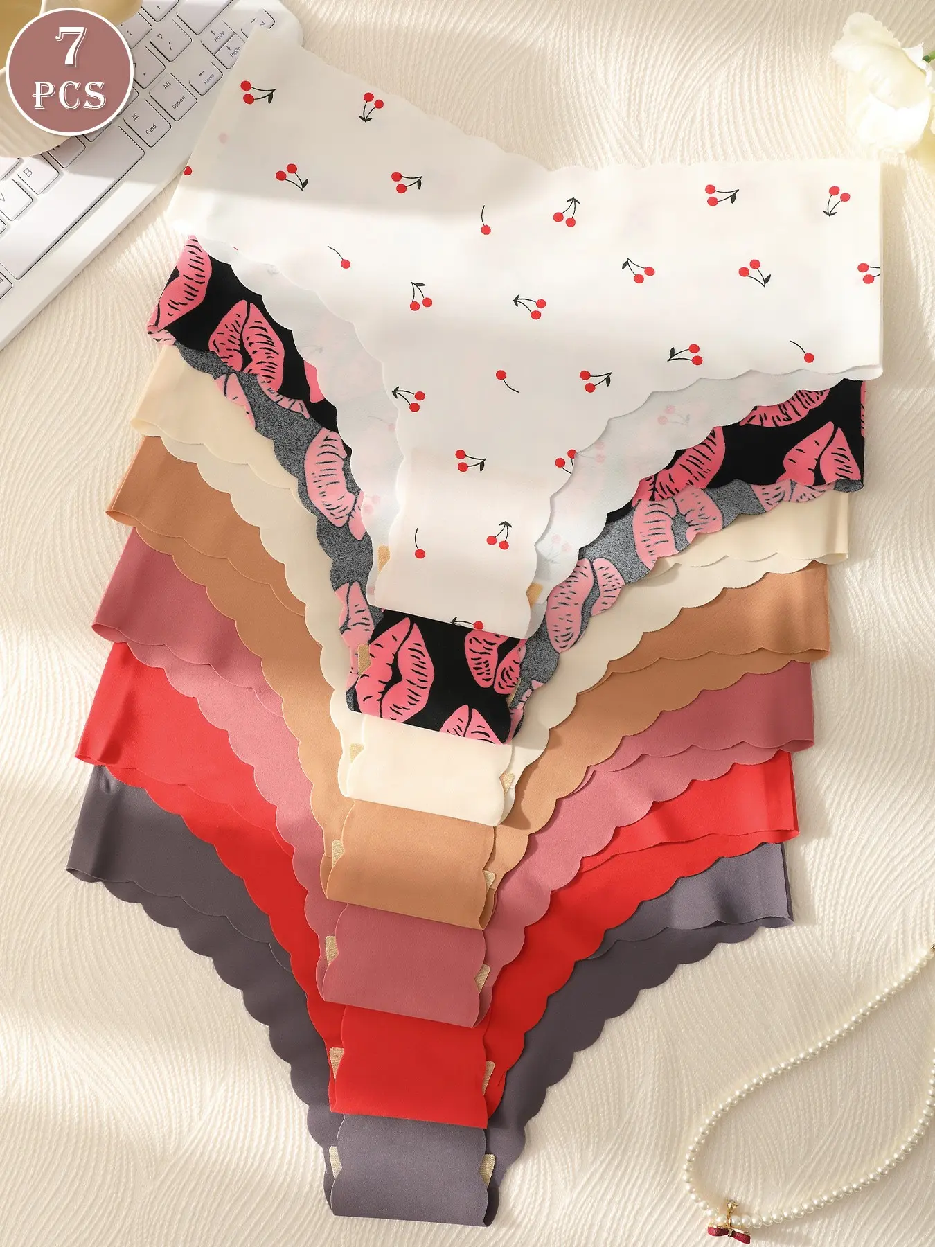 5/7 Pcs Seamless Women's Triangle Briefs, Print Briefs Panties, Cherry/lip Print Low Waist Comfortable Underwear, Sexy Slim-Fitting All-Seasons