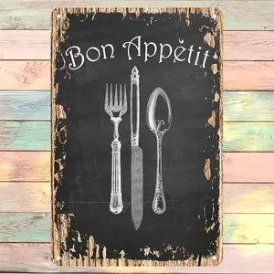 Vintage French Kitchen Wall Art featuring Flat 2D Bon Appetit Design with Utensil Illustration Rustic Iron Sign for Home and Restaurant Decor Available in Multiple Sizes Indoor Metal Art Deco Style