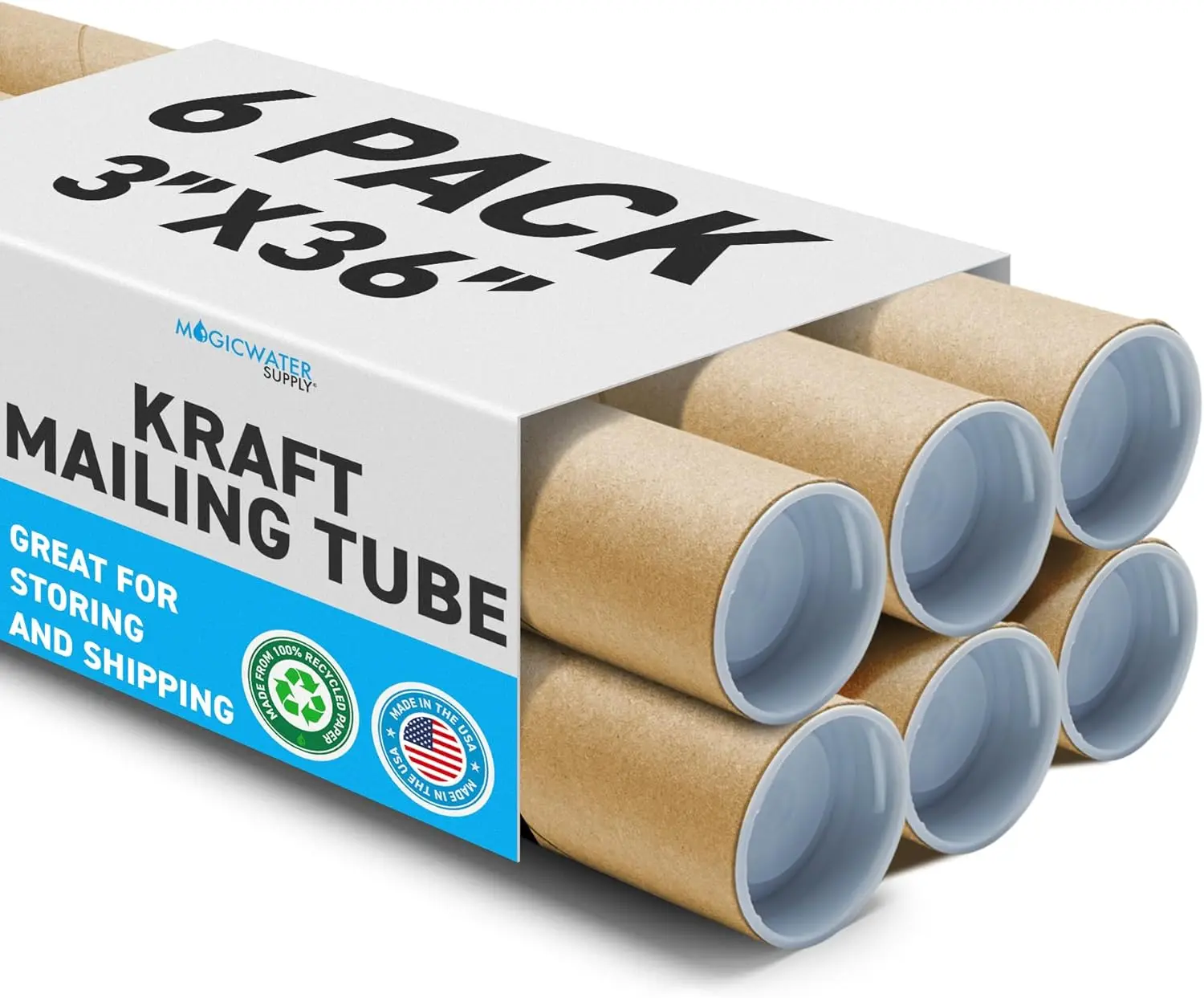 MagicWater Supply Mailing Tube - 3 in x 36 in - Kraft - 6 Pack - for Shipping and Storage of Posters, Arts, Crafts, and Documents