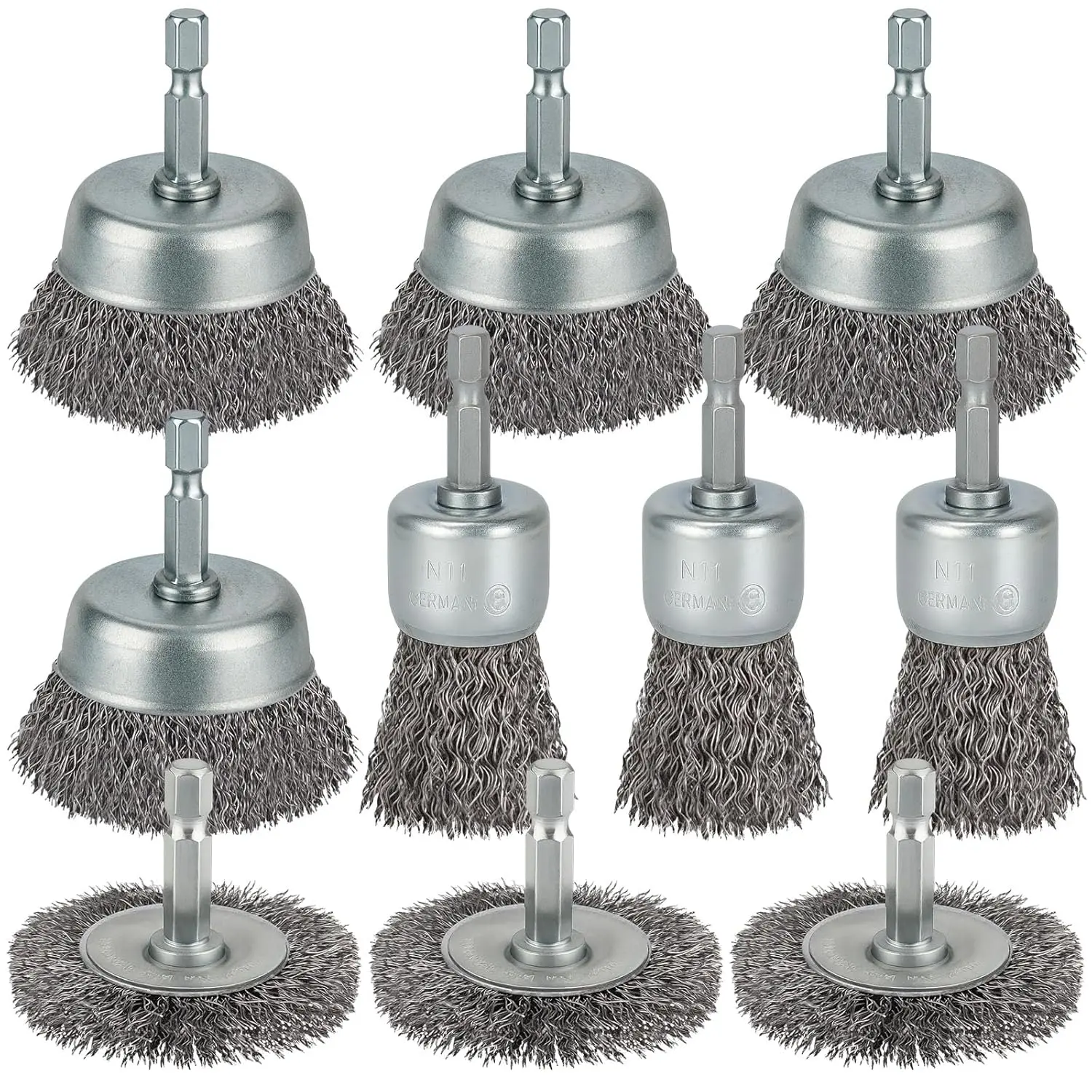 10 count Wire Brush for Drill, Coarse Carbon Steel Crimping Wire Wheel Brush, 1/4 Inch Hex Shank, Cup Brush Drill Bit for Cleaning Rust, Stripping and Abrasive