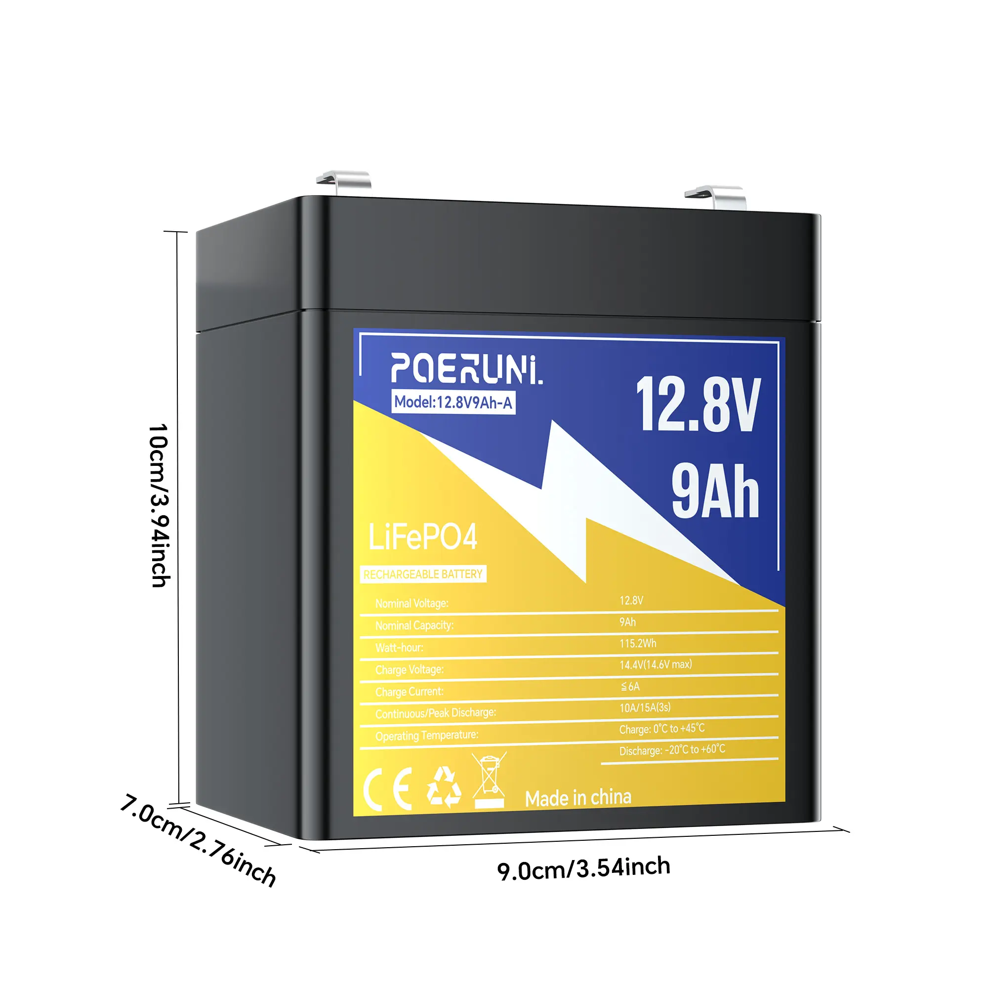 12.8V 9Ah Lightweight LiFePO4 Lithium Battery Deep Cycle Built-in BMS for Camping Kayak Fish Finder Solar Light UPS Security System Portable Backup Power