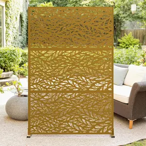 GAOMON Brown Outdoor Metal Privacy Screen 72" H x 47" W, Freestanding Decorative Fence and Room/Garden Divider with Stand, Weather-Resistant Privacy Screens and Panels for Patio Lawn Garden Deck Balcony,3-Panel/Leaves