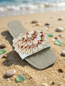 Boho Shell Flower Sandals for Women, Flat Non-Slip Natural Shell Weaving, Breathable Comfort, Beach Vacation Daily Wear