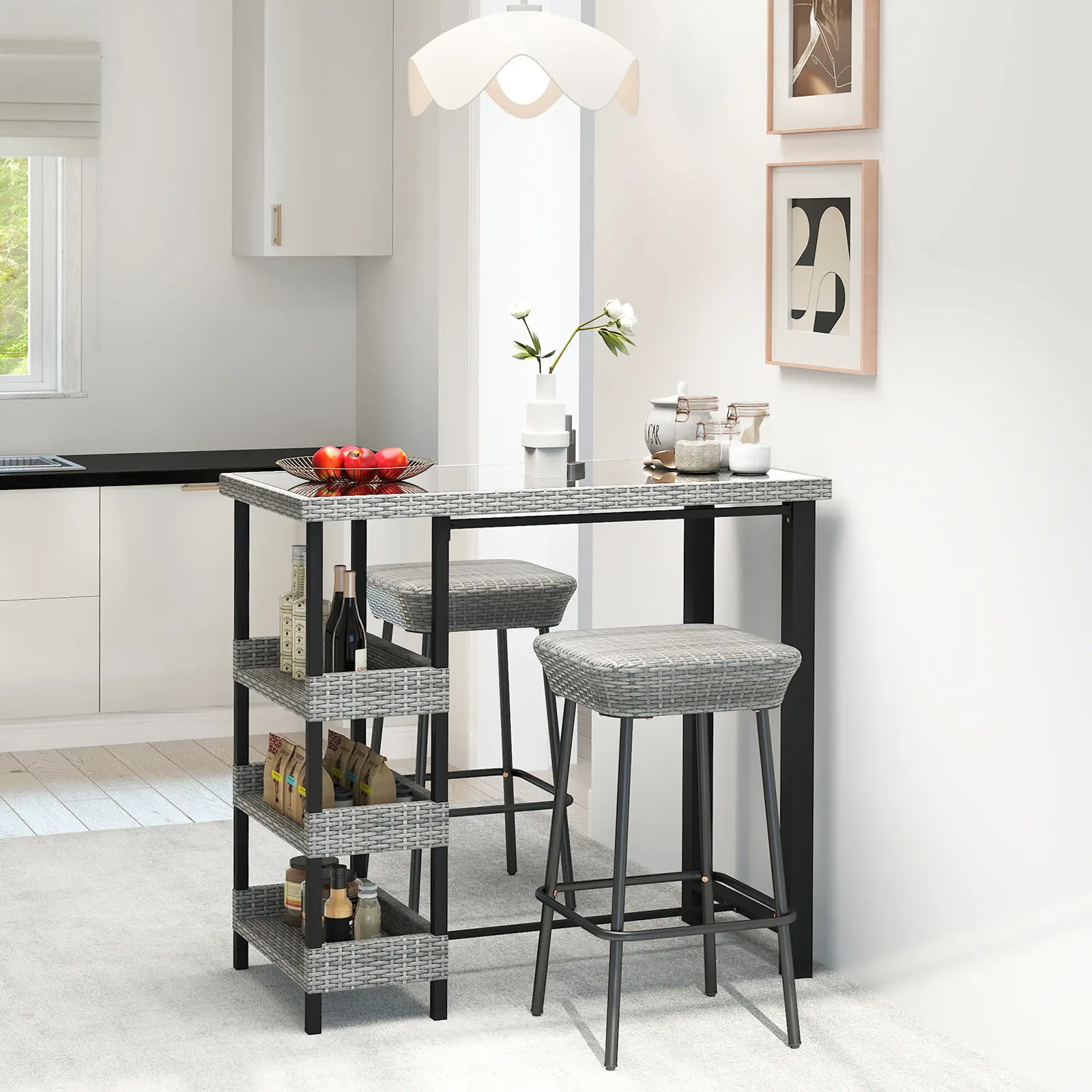 COSTWAY - 43.5 Inch Outdoor Bar Table with Tempered Glass Top