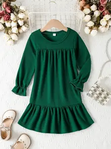 Girls' Cute Ruffle Hem Dress, Comfortable Elegant Casual Vacation Wear, Field Style, Spring & Fall Fashion, Plain Pattern, Frilled Dress