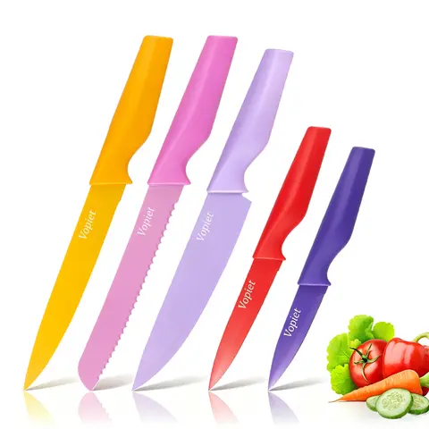 5-Piece Colorful Handle Stainless Steel Knives Kitchen Set - Black Diamond Coated, Durable for Daily Home Kitchen Prep, Slicer Utensils for Cutting, Dicing
