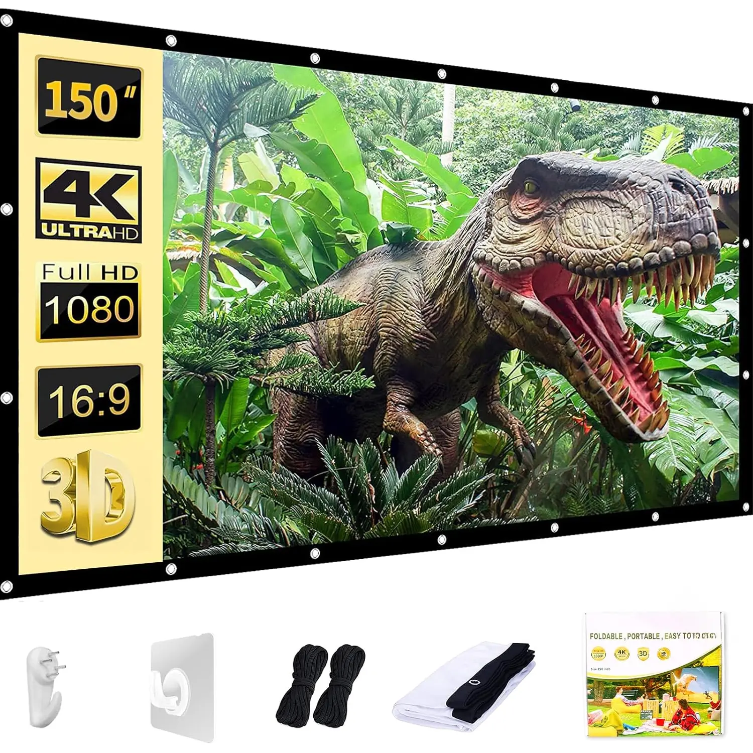 Outdoor Projection Screen 150 inch, Washable Projector Screen 16:9 Foldable Anti-Crease Portable Projector Movies Screen for Home Theater Outdoor Indoor Support Double Sided Projection