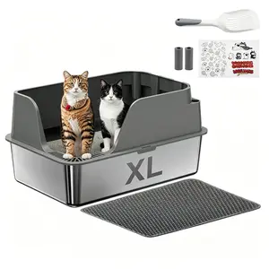 Ellenpent Stainless Steel Large Foldable Litter Box Enclosure with Lid, Extra-Large High-Sided Litter Boxes,Anti-Urine Leakage, Include Cat Mat & Litter Scoop,Odor-Free, Non-Stick, Easy to Clean, Metal Litter Box,Cat Litter Box#Summervibes #petlovers blue