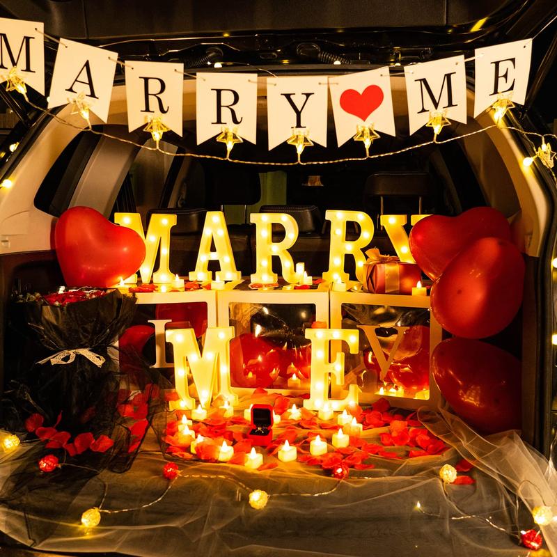 Marry Me Light Up Letters Proposal Decorations, Marry Me Sign with 24Pcs Flameless Candles 2000Pcs Red Fake Rose Petals 30Pcs Red Balloons for Valentine's Day Wedding Proposal Romantic Night Led Lighted Smooth Wall Ornaments Standing
