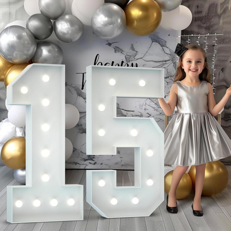 3ft/4ft Marquee Numbers 0-9 With Decorative Light-Up White Foam Cardboard, Lighted Holiday Displays Mosaic Number for Balloons, Number Wedding, Birthday, Anniversary, and Party Decor