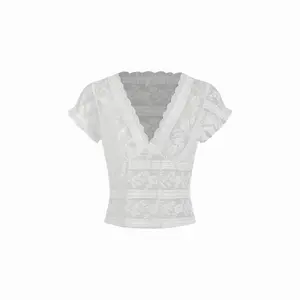 Cider Jacquard Lace V-Neck Ruffle Sleeve Lettuce Trim Sheer Top