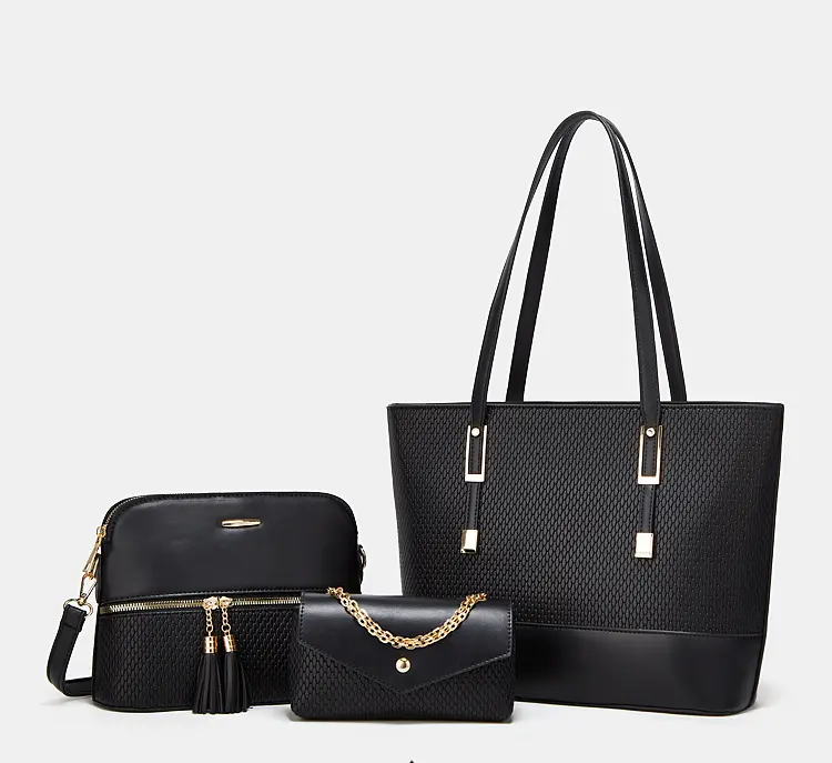 Elegant Black Tote Bag Set with Chain Detail and Tassels for Women's Fashion