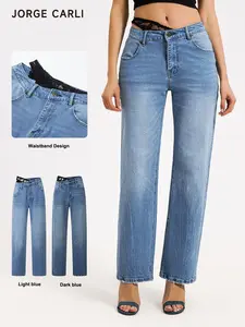 Jorge Carli Asymmetrical Waist Denim Jeans, Lace Underneath Design, Fashion Washed Straight Leg, Casual Commute Business Style Pants