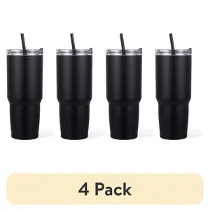 (4 pack) Mainstays 30 fl oz Stainless Steel Tumbler, 2 in 1 Function Lid, Black Color