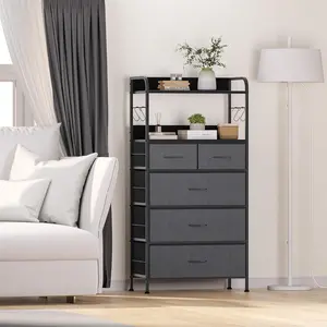 5-Drawer Bedroom Dresser, Fabric Storage Dresser with Anti-Tip Kit and 4 Hooks, Tall Vertical Dressers, Sturdy Steel Frame, Wooden Tabletop, Suitable for Closets, Bedrooms, Living Rooms, Grey