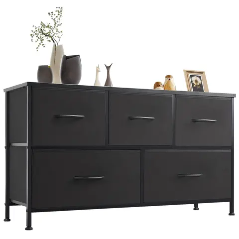Sweetcrispy 5-Drawer Bedroom Dresser - Fabric Bin Organizer Set Storage Furniture with Wood Top for Bedroom, Closet