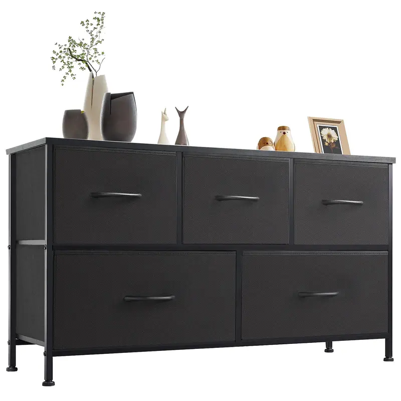 Sweetcrispy 5-Drawer Bedroom Dresser - Fabric Bin Organizer Set Storage Furniture with Wood Top for Bedroom, Closet