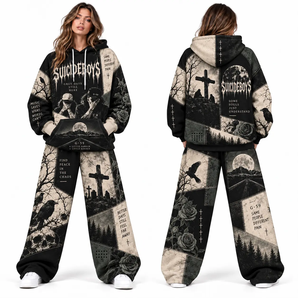 Gothic Patchwork Hoodie & Wide Leg Sweatpants Set, $B Style Underground Rap, Dark Grunge Graphic Tracksuit with Moon Skull Raven Rose Cross Print, Oversized Unisex Streetwear Outfit, Alternative Casual Two Piece Set