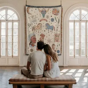 Wild West Pattern Home Decor Yarn Woven Wall Art Tapestry for Bedroom Dorm Living Room- with Fringe Tassels Not Printed - Multipurpose Design Soft Boho H Chair Couch Bed Cover Throw Towel Slipcover Travel Garden Outdoor Camping Picnic Beach