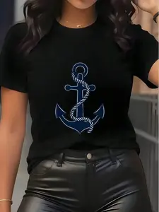 25Women's Nautical Anchor Graphic T-Shirt - White & Navy Maritime Tee, Soft Breathable Fabric For Beach, Boating, Everyday Casual Fits - Sailor Gifts For Women, Cruise T Shirts, Boating Apparel, Knot Detail, Lightweight Tee, Stylish Blouse