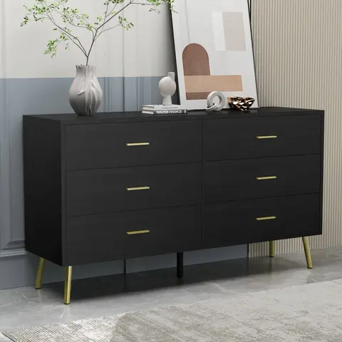 FUFU&GAGA 6-Drawer Dresser - 54"l x 15.6"w x 30.2"h Roomier 54" Width Antique Engineered Wood Clothing Storage Cabinet, Waterproof Top Modern Bedroom Clothes Drawers with Gold Handles, Black&White Dual-Function Organizer, Requires Setup