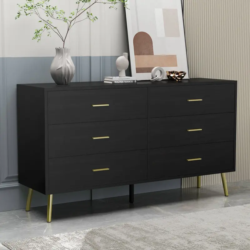 FUFU&GAGA 6-Drawer Dresser - 54"l x 15.6"w x 30.2"h Roomier 54" Width Antique Engineered Wood Clothing Storage Cabinet, Waterproof Top Modern Bedroom Clothes Drawers with Gold Handles, Black&White Dual-Function Organizer, Requires Setup